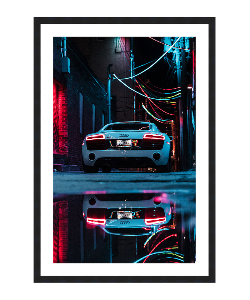 Audi R8 Neon Reflection Poster, Sports Car Wall Art, Car Wall Decor