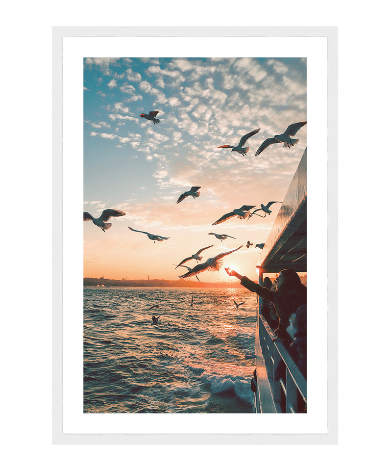 Flock of Birds Poster, Boat Wall Art, Sunset Travel Wall Decor