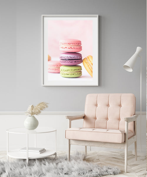 Pink French Macarons Poster, Dessert Wall Art