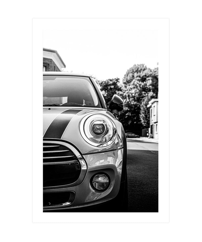 Mini Cooper Headlight Poster, Mini Car Wall Art, Black and White British Car Print
