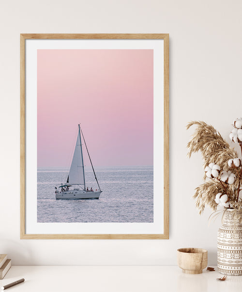Pink Sail Poster, Boat Wall Decor Print, Beach Wall Art