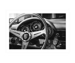 Black & White Porsche 356 Steering Wheel Poster, Vintage Sports Car Wall Decor