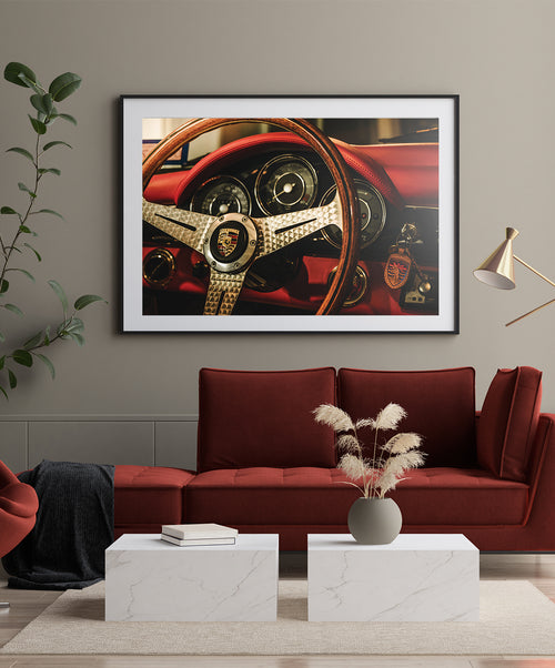 Porsche 356 Steering Wheel Poster, Vintage Car Wall Art, Sports Car Wall Decor