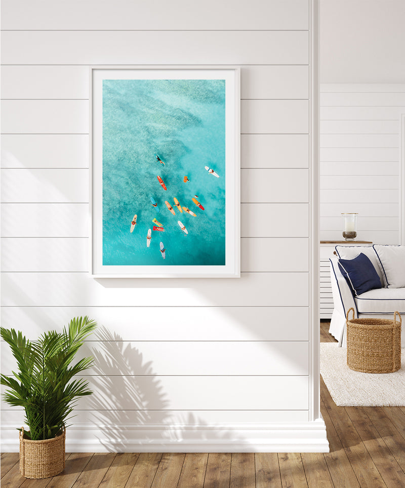 Surfers in Turquoise Water Poster, Surfing Wall Art, Beach Wall Decor