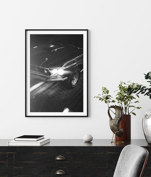 Vintage Mustang Poster, Ford Mustang Wall Art, Black and White Classic Car Print