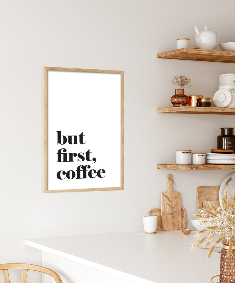 But First Coffee White Poster, Coffee Typography Wall Art, Coffee Kitchen Print