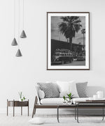 VW Van Surfboard Poster, Black and White Photography Wall Art, Palm tree Photography