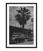 VW Van Surfboard Poster, Black and White Photography Wall Art, Palm tree Photography